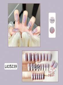 24 件/包紫色蝴蝶結設計可拆式假指甲尖,風格柔和 - 紫色 - 查看 3