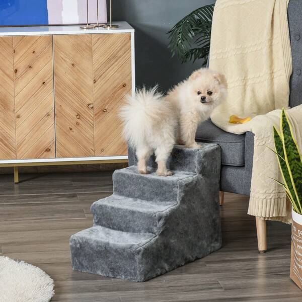 PawHut Haustiertreppe 4-stufige Hunderampe mit abnehmbarer Bezug Katzentreppe Hundetreppe Tiertreppe Plüsch Grau 60 x 35 x 44 cm