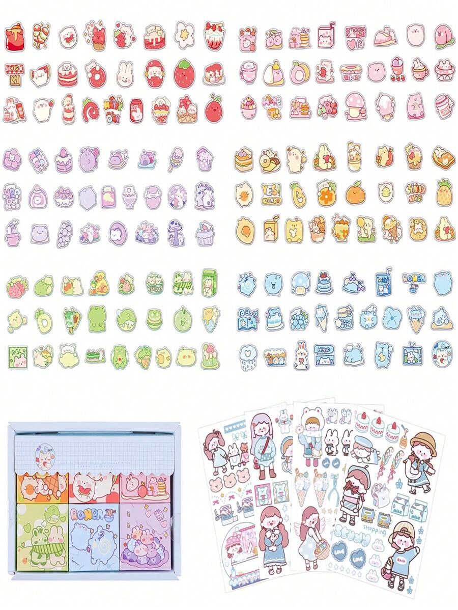 Set De Pegatinas De Dibujos Animados, Pegatinas Adhesivas Mini, Pegatinas Decorativas Lindas, Adecuado Para Manualidades Diy, Álbumes De Recortes, Álbumes De Fotos, Cuadernos (300pcs+4 Hojas) - Multicolor - Ver 1