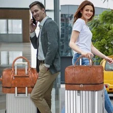 通用款周末旅行者隨身行李袋,附帶隨身行李袋,防水鞋格,皮革手提運動袋,商務旅行旅行袋,健身袋,校園用大袋,假期用的復古豪華旅行套件,旅行用品,旅行組織袋,旅行必備配件 - 棕色 - 查看 2