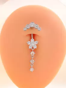 1pc Stainless Steel Navel Ring With Flower Design, 9 Cz Gems & 5 Rhinestones, For Women Daily Wear Valentines,Mom,Mother,Mother's Day,Gift - Three sections - View 11