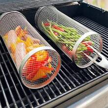 1pc BBQ Rolling Grill Basket, Stainless Steel Grilled Cage, Round BBQ Grill Mesh For Vegetable Fries Fish, Portable Barbecue Cooking Grill Net, Grilling Baskets For Outdoor Grilling, Outdoor Camping Grilling Rack, Camping Picnic Cookware - Silver - View 6