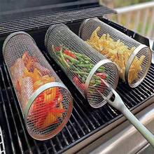 1pc BBQ Rolling Grill Basket, Stainless Steel Grilled Cage, Round BBQ Grill Mesh For Vegetable Fries Fish, Portable Barbecue Cooking Grill Net, Grilling Baskets For Outdoor Grilling, Outdoor Camping Grilling Rack, Camping Picnic Cookware - Silver - View 1