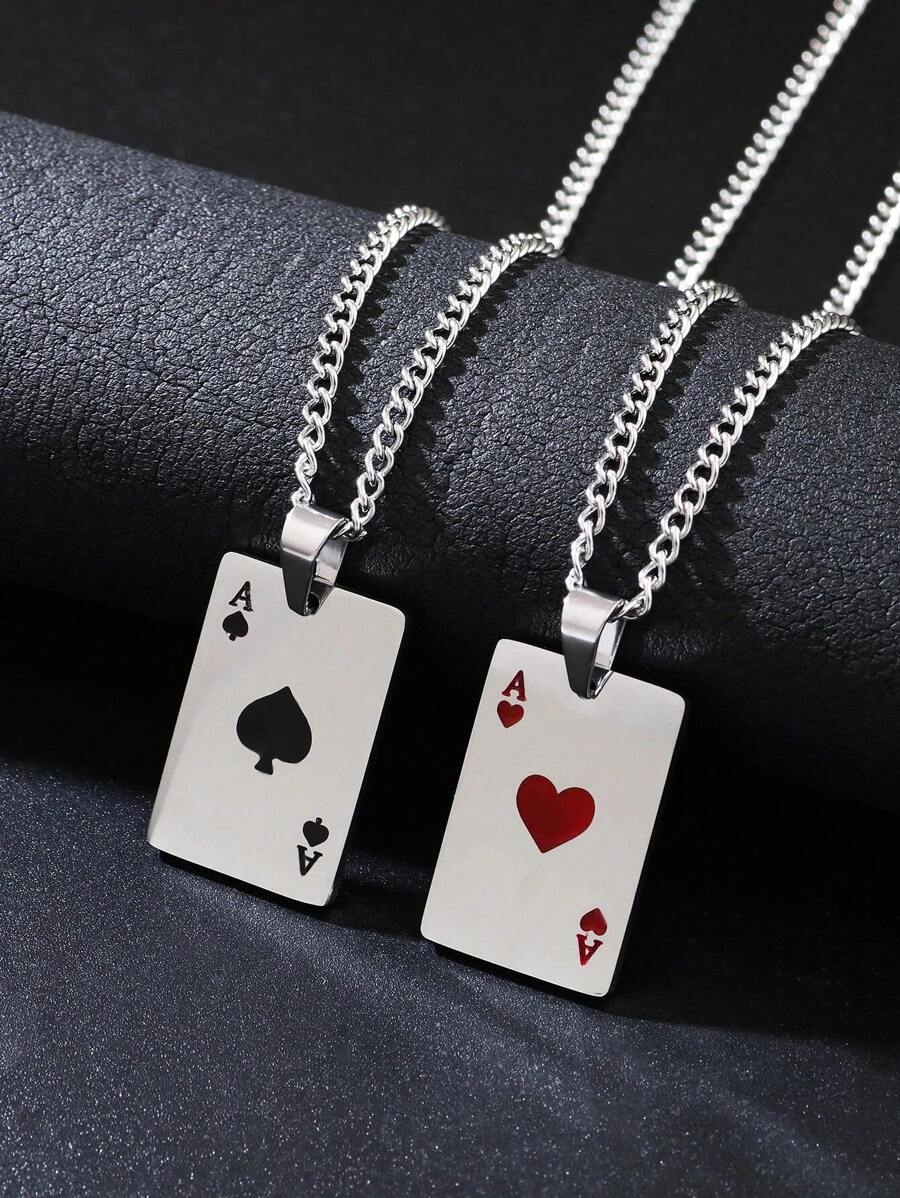 2pcs/Set Personalized Stainless Steel Ace Of Spades Poker Pendant Necklaces, Couple Jewelry - Poker - View 1