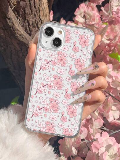 1pc Hand-Painted Cherry Blossom Printed Phone Case Compatible With Iphone/Samsung