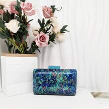 跨境時尚多彩珍珠母貝亞克力手拿包,具歐美風格派對手提袋,內襯亞麻大箱型手拿包 - 藍色 - 查看 1