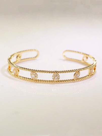18K Plated Hollow Geometric Micro Pave Cubic Zirconia Adjustable Cuff Bracelet, Luxurious Wide Version, Versatile Daily Wear, Elegant Gift For Women