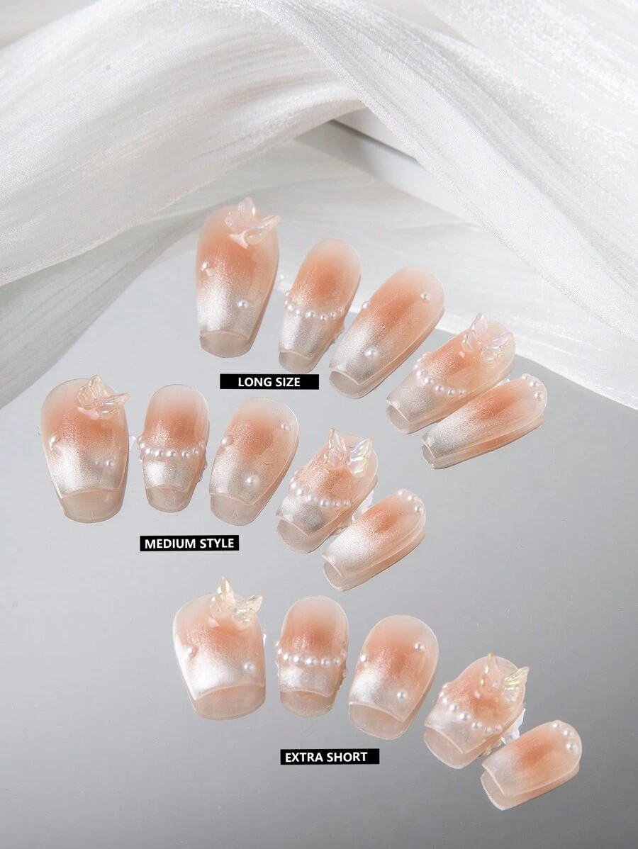 GIRL PLUS Girlplus 十片棺材形梯形假指甲,附有石糖果鑽石、仙女貓眼和三維蝴蝶方形指甲,適用於女性和女孩提升造型 - 粉色 - 查看 1