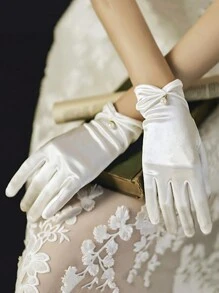 1只女性短款新娘婚禮手套，珍珠蝴蝶結滿指手套手腕飾品，適用於舞會、晚會 - 白色 - 查看 1