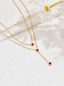 方晶鋯石裝飾多層吊墜項鍊 - 酒紅色 - 查看 2