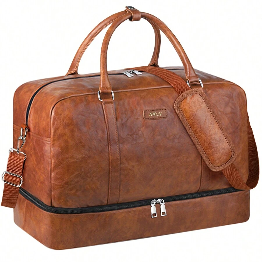 通用款周末旅行者隨身行李袋,附帶隨身行李袋,防水鞋格,皮革手提運動袋,商務旅行旅行袋,健身袋,校園用大袋,假期用的復古豪華旅行套件,旅行用品,旅行組織袋,旅行必備配件 - 棕色 - 查看 1