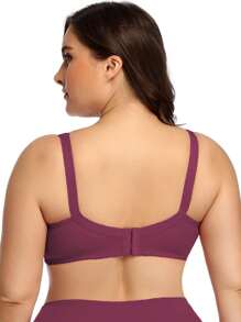Parifairy One Piece Plus Size Solid Color Stretchy Ultra-Thin Underwire Bra, Simple For Daily Wear - Burgundy - View 3