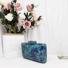 跨境時尚多彩珍珠母貝亞克力手拿包,具歐美風格派對手提袋,內襯亞麻大箱型手拿包 - 藍色 - 查看 3