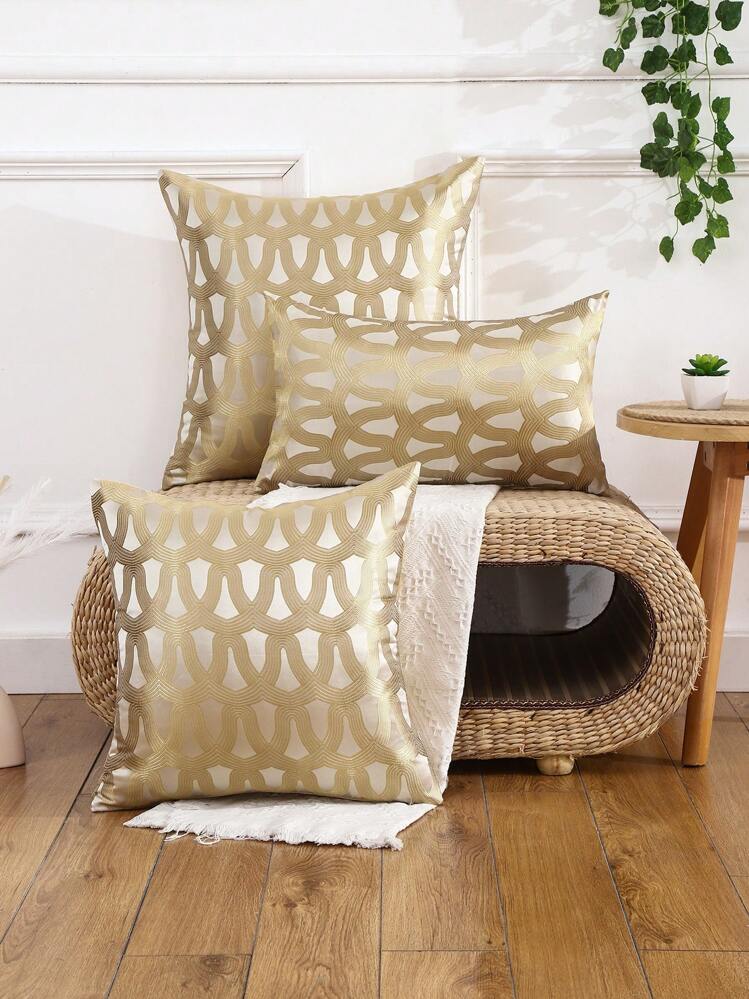 Miater 1 Pieza De Funda De Almohada Con Patrón Jacquard Geométrico Hecha De Seda Imitada - Dorado - Añade 1