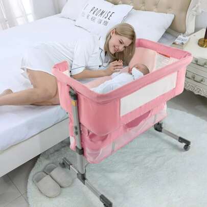 3 In 1 Bassinet For Baby, Easy Folding Height Adjustable Bedside Sleeper, Pink, Beige