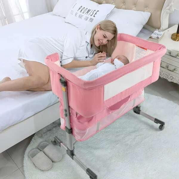 3 In 1 Bassinet For Baby, Easy Folding Height Adjustable Bedside Sleeper, Pink, Beige