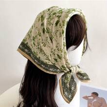1pc House, Tree, Flower Pattern Square Scarf For Women, 65×65cm Thin Herringbone Velvet Neckwear - Green - View 1