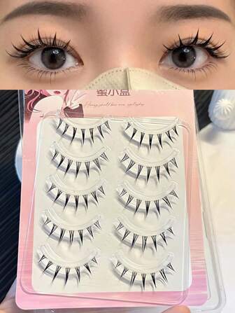 5pairs/Set False Eyelashes, Natural Looking And Feather-Like, Handmade Cross-Roots And Fishtail, Ultra-Fine Black Stalk, Soft And Comfortable, Long And Curly, Lightweight And Stress-Free, Slouchy And Convenient, Easy To Apply