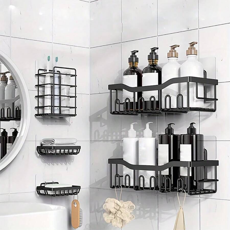 5pcs, Wall Caddy With Hanger, Kitchen Bathroom Shelf Wall Mount, Punch Free Toiletries Storage ...