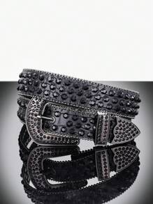 1 件装黑色多巴胺重工业西式男士腰带镶水钻 适合男朋友礼物街头万圣节 - 黑色 - 查看 2