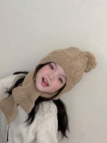 1頂卡其色兒童帽子,針織帶毛襯裡,尤其適合男女孩,帽頂毛球設計,配有交叉圍巾和頭套,適用於冬季 - 卡其色 - 查看 5