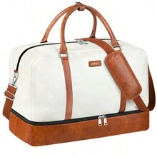 男士/女士週末旅行提包,設有鞋收納格和載具手柄,皮革健身包,適用於商務旅行、運動、學校、假日旅行,夜宿包,經典奢華的旅行套件,旅行必備品及其配件 - 白色 - 查看 1