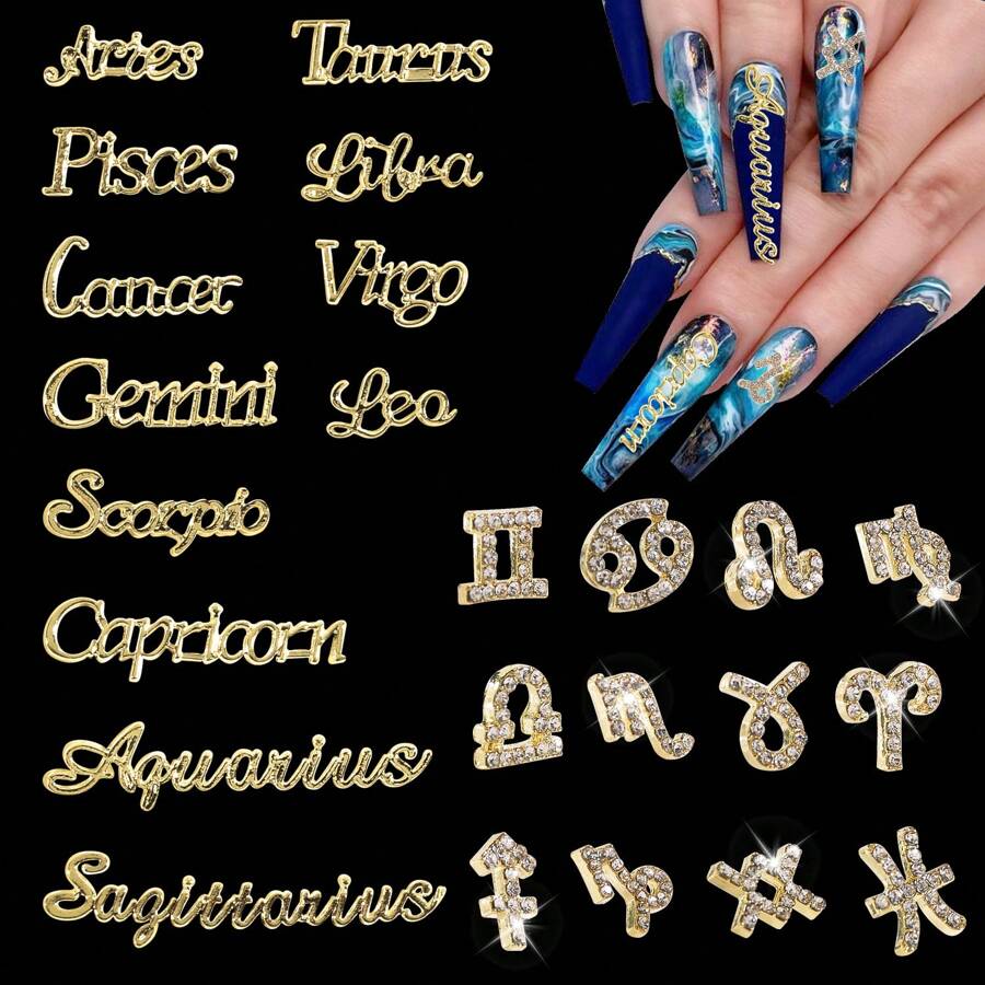 24入組3D黃道帶指甲貼紙，合金製造十二星座，處女座，獅子座，白羊座，金牛座，雙子座，山羊座貼紙，適用於自行設計指甲藝術裝飾 - 金色 - 查看 1