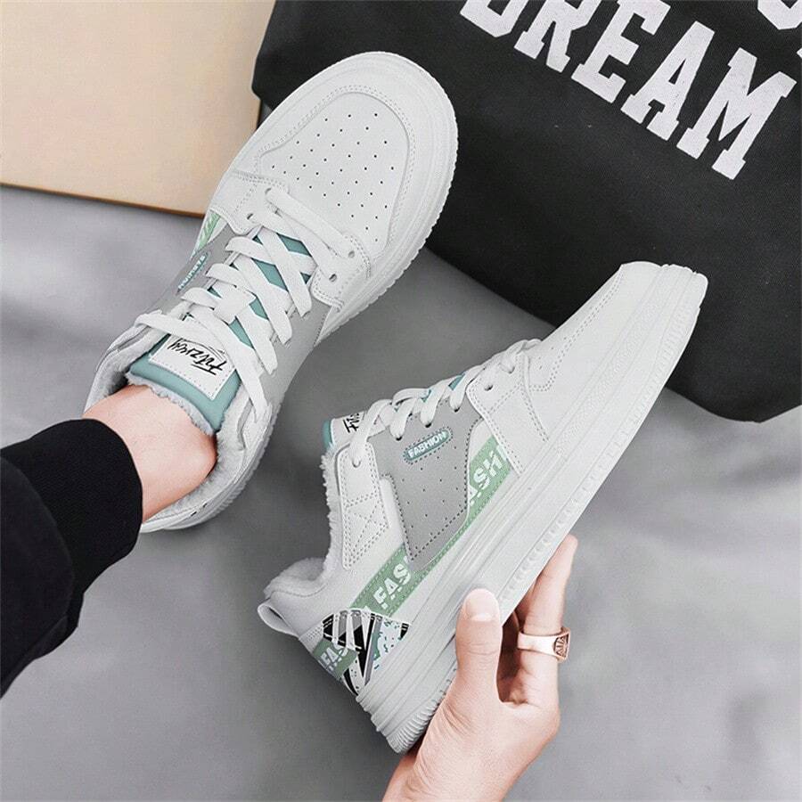 绿色保暖内衬韩版时尚休闲低帮运动鞋，适合日常穿着 - 綠色 - 查看 1