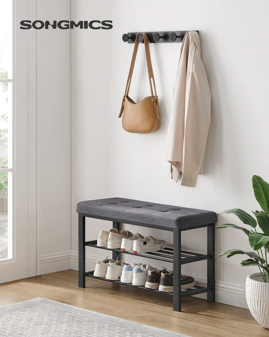 SONGMICS Shoe Bench, 3-Tier Shoe Rack For Entryway, Storage Organizer With Foam Padded Seat, Linen, Metal Frame, For Living Room, Hallway, 12.2 X 31.9 X 19.3 Inches - màu đen - Xem 1