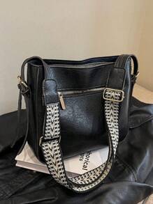 简单实用的四季女士包，宽肩带，简约百搭的小众设计，斜挎单肩都合适 - 黑色 - 查看 1