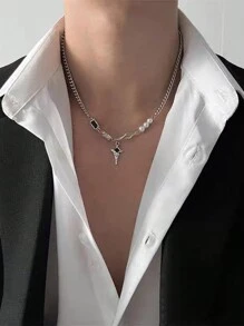 Collier de perles en forme d'étoile croix Kpop, unisexe, pendentif en perles fausses en forme d'étoile, collier de style hip hop Y2K avec gland géométrique