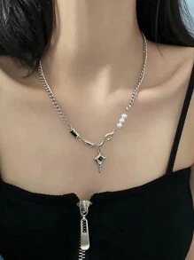 Collier de perles en forme d'étoile croix Kpop, unisexe, pendentif en perles fausses en forme d'étoile, collier de style hip hop Y2K avec gland géométrique