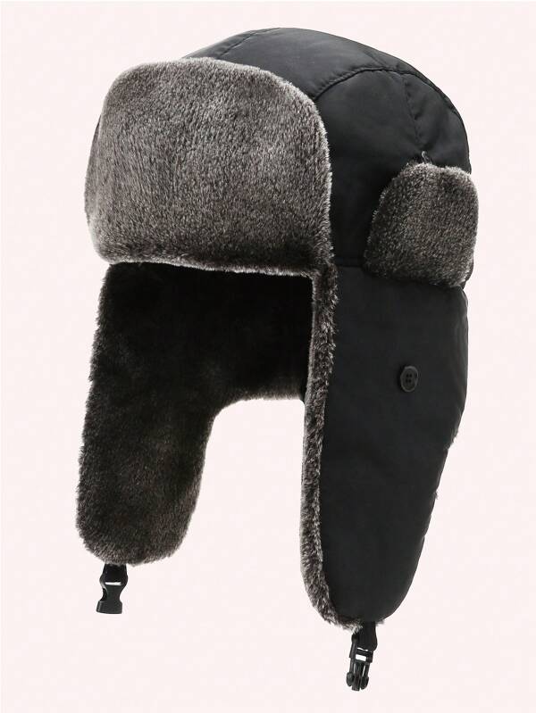 1pc Men's Black Lined Thickened Warm Solid Color Ushanka Hat, Suitable For Winter Outdoor Wind Resistance