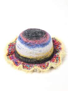 1頂復古經典色條紋針織魚夫帽,邊緣有褶皺,適用於秋冬日常穿著及保暖 - 黃色 - 查看 6