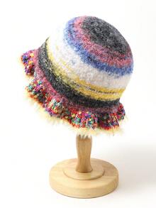 1頂復古經典色條紋針織魚夫帽,邊緣有褶皺,適用於秋冬日常穿著及保暖 - 黃色 - 查看 2