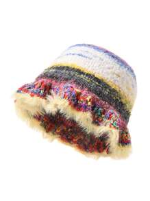 1頂復古經典色條紋針織魚夫帽,邊緣有褶皺,適用於秋冬日常穿著及保暖 - 黃色 - 查看 1