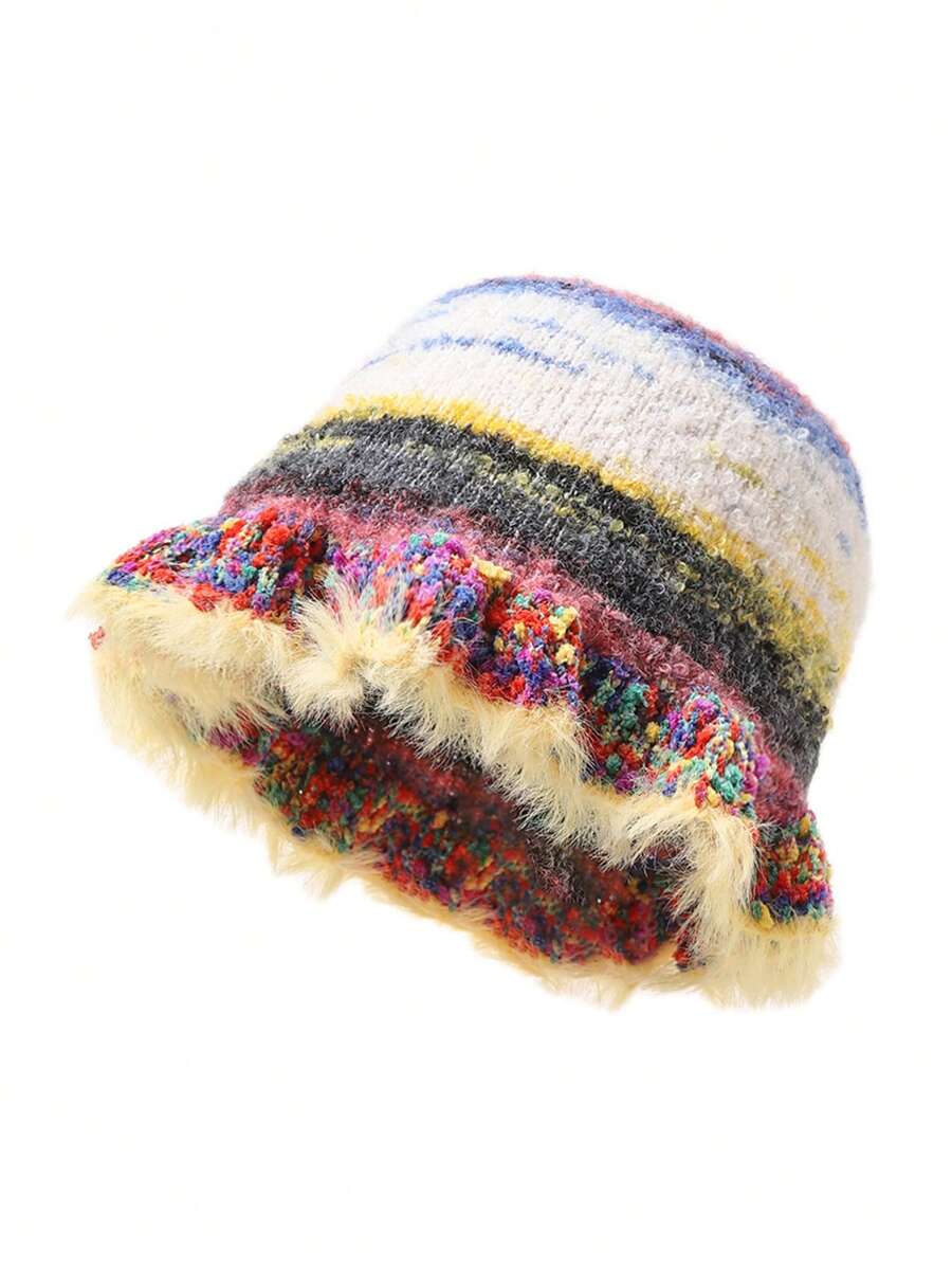 1頂復古經典色條紋針織魚夫帽,邊緣有褶皺,適用於秋冬日常穿著及保暖 - 黃色 - 查看 1