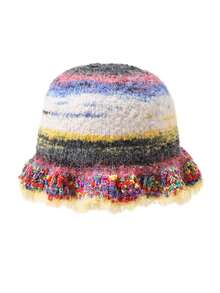 1頂復古經典色條紋針織魚夫帽,邊緣有褶皺,適用於秋冬日常穿著及保暖 - 黃色 - 查看 3