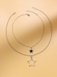 2 件/套龐克風格方晶鋯石星星吊墜項鍊,適合女士日常佩戴 - 款式1 - 查看 4