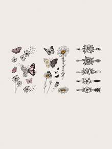 3張/組臨時紋身貼紙,鮮美的蝴蝶,蒲公英和小菊花圖案,適用於男女日常和假日使用 - 黑色 - 查看 1