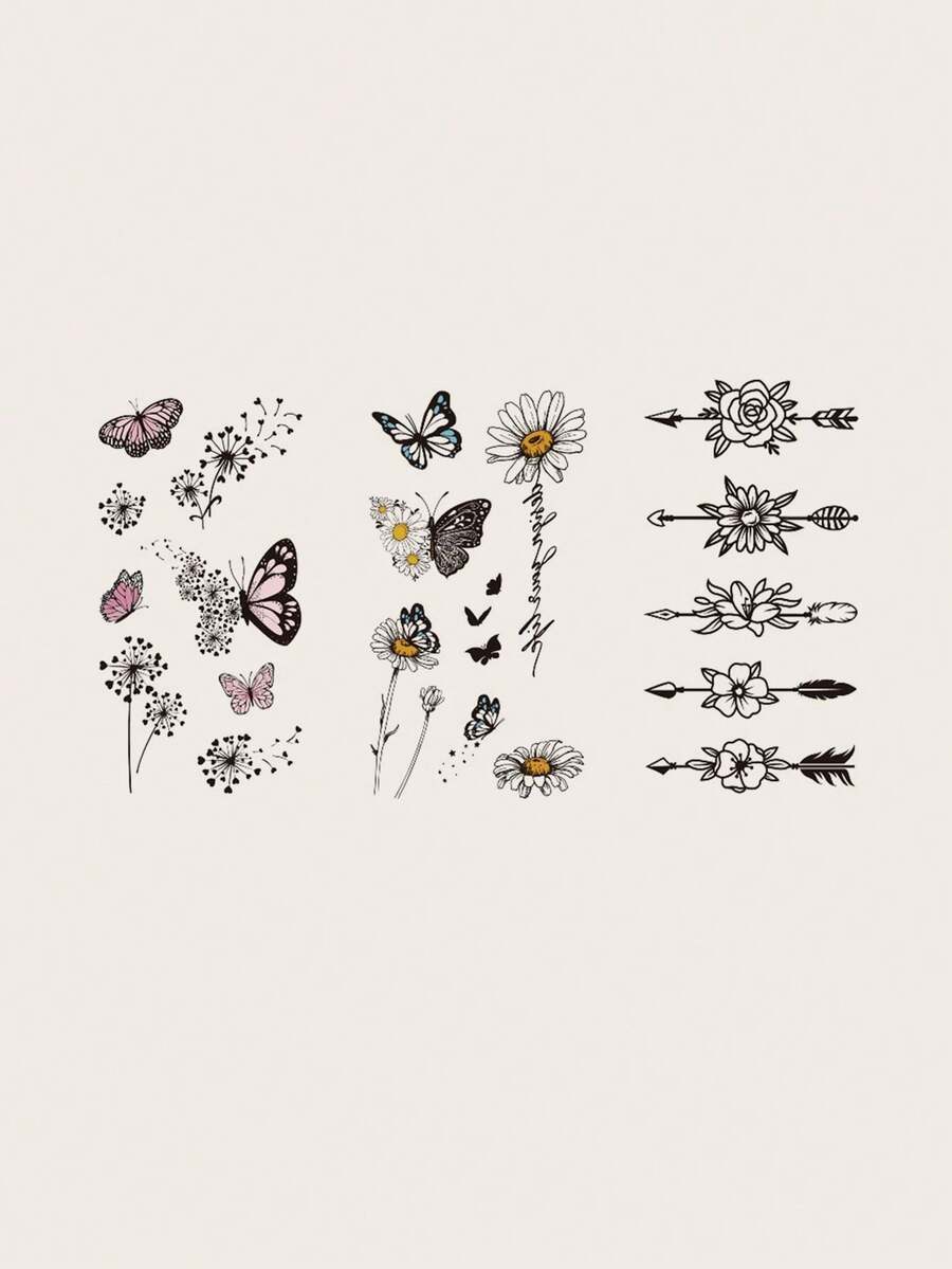 3張/組臨時紋身貼紙,鮮美的蝴蝶,蒲公英和小菊花圖案,適用於男女日常和假日使用 - 黑色 - 查看 1