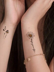 3張/組臨時紋身貼紙,鮮美的蝴蝶,蒲公英和小菊花圖案,適用於男女日常和假日使用 - 黑色 - 查看 4
