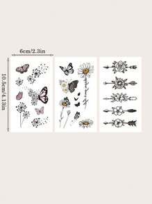 3張/組臨時紋身貼紙,鮮美的蝴蝶,蒲公英和小菊花圖案,適用於男女日常和假日使用 - 黑色 - 查看 3