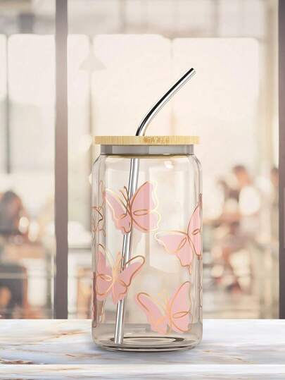 1pc High-borosilicate Glass Pink Butterfly Patterned Glass With Lid For Water, Juice, And Beverage