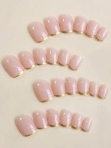 24入組短方形假指甲,金色法式設計短方形指甲,簡約風格優質美甲贴紙,適用於女性和女孩 - 彩色 - 查看 3