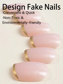 24入組短方形假指甲,金色法式設計短方形指甲,簡約風格優質美甲贴紙,適用於女性和女孩 - 彩色 - 查看 4