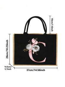 個性化首字母名字 A 到 Z 粉紅色花朵字母海灘粗麻布手提袋伴娘新娘派對女孩旅行禮物手提包黃麻大容量手提購物袋 - 黑色 - 查看 2