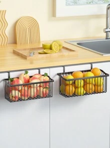 2pcs Black Simple Storage Basket Stand, Multi-Purpose Storage Shelf, Office Wardrobe Hanging Basket, For Storing Fruits, Vegetables And Seasoning Bottles, No Punch Hanging Basket, Sliding Storage Basket Stand Under Cabinet, Kitchen Accessory - Black - View 5