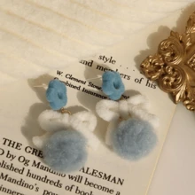 1pair Winter Fluffy Earrings Fresh And Simple Haze Blue Pom Pom Stud Earrings With Bowknot Gift For Women, Girls - Blue - View 2