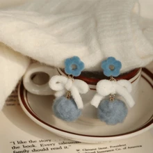 1pair Winter Fluffy Earrings Fresh And Simple Haze Blue Pom Pom Stud Earrings With Bowknot Gift For Women, Girls - Blue - View 4